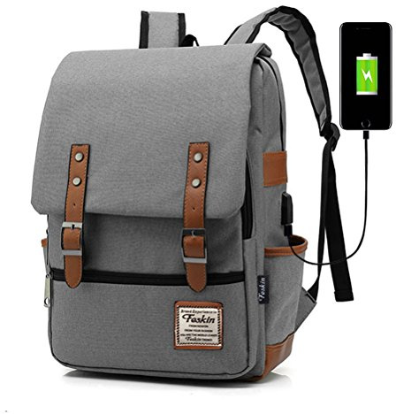 FEWOFJ Professional Laptop Backpack with USB Charging Port, Fashion Travel Bag Vintage Business Work Computer Rucksack College School Casual Daypack for Women Men Girls - Grey