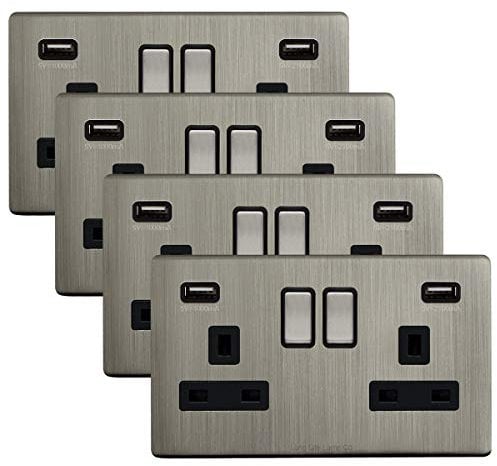 4 x Brush Chrome Double Wall Switch Socket 13A 2 gang with 2 USB Charger Ports UK 3 pin Plug Screwless Finish N776DME