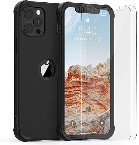 ORETECH Coque pour iPhone 12 Pro Max + 2 Pièces Verre Trempé Protection écran, 2 en 1 Antichoc Souple Silicone TPU Arrière Rigide PC Avant Housse de Protection pour iPhone 12 Pro Max 6,7 Noir