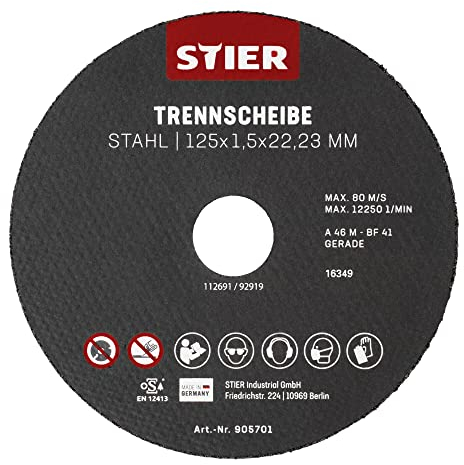 STIER Trennscheiben Stahl, Maße: 125 x 1,5 x 22,23; Form 41; gerade Ausführung; 25 Stück, für Winkelschleifer jeder Art; Für Edelstahl, Stahlguss, etc.