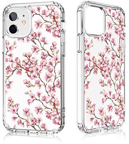 Losvick iPhone 12 Mini Case, Cherry Blossom Design Pattern Transparent Back with TPU Bumper Gel Case Shockproof Protection for iPhone 12 Mini 5.4 Inch