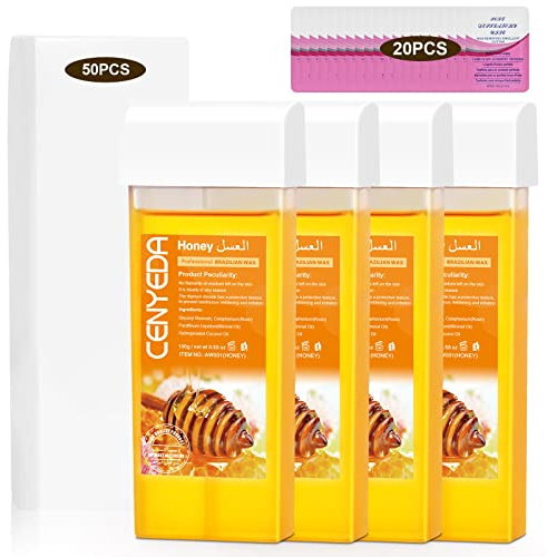 CENYEDA Roll On Wax Kit - Hair Removal Cartridges, 4 Pack Honey Rollers With 50 Strips and 20 After-Wax Treatment Wipes