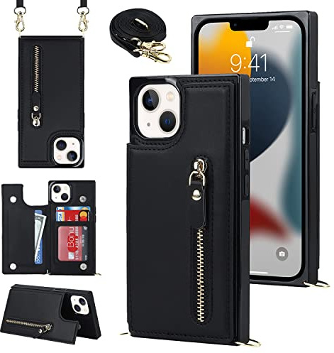YDIJCYAN Handyhülle für iPhone 13 Etui mit Kartenfach Hülle mit Verstellbarer Halskette, iPhone 13 Handytasche mit Reißverschluss Geldbörse - schwarz