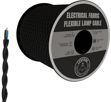 LEDSone Cable trenzado italiano trenzado trenzado de color negro, de 5 metros, 2 núcleos, tela eléctrica, cable flexible para lámpara para luz británica.