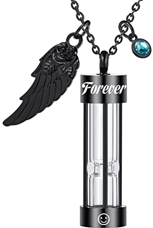 MeMeDIY Personalisierte Urne Herren Halskette für Asche Edelstahl Sanduhr Memorial Anhänger mit Engelsflügel Geburtsstein Anhänger Andenken-Schwarz
