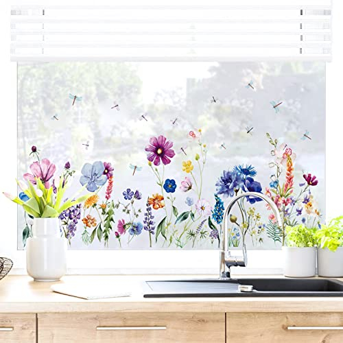 WandSticker4U®- Wiederverwendbare Fensterbilder Sommer BLUMENWIESE selbstklebend (85x35 cm) I Fenstersticker Fensteraufkleber Blumen Pflanzen Kinderzimmer Wohnzimmer Küche Fenster Deko
