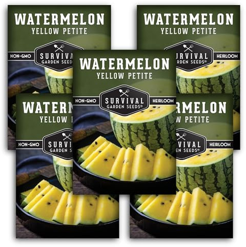 Yellow Petite Watermelon Seeds for Planting – Fast-Growing Mini Watermelons with Sweet Golden Fruit – Compact Vines for Small Gardens – Non-GMO Heirloom – Survival Garden Seeds (5 Pack)