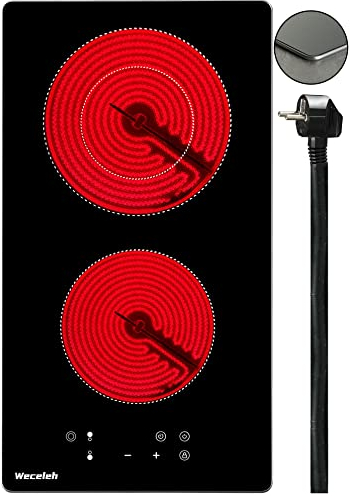 Weceleh Piano cottura vetroceramica, piastra in ceramica da 3200 W, piastra di cottura vetroceramica 2 fuochi, vetroceramica piano cottura elettrico 28cm,9 livelli di potenza, nessuna spina inclusa