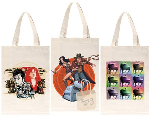 DOCTOR WHO Set de Tote Bags Lot de 3 Produits Officiels BBC | Trois Designs Iconiques Réunis, Pratiques pour les Courses et le Quotidien, Beau Cadeau pour Whovians