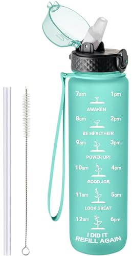 GOPPUS 1L/32oz Bouteille d'eau avec paille 1 litre réutilisables Bouteille de sport avec indication de l'heure Bouteilles de motivation avec mesure Bouteilles de boissons étanches Tritan sans BPA