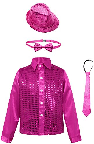 CHICTRY Pailletten Hemd Kinder Jungen Langarm Reverskragen Disco Hemd Glitzer Button Down Shirt Mit Hut Fliege Und Krawatte Jazz Modern Tanzkleidung Hot Pink 122-128