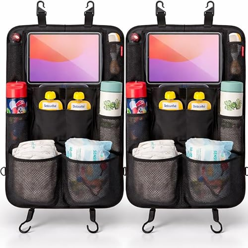 HerzensKind Autositz Organizer & Rückenlehnenschutz – Sitzschutz Auto Rückenlehne mit 13 Tabletfach | Rückenlehnenschutz Auto Kinder mit 9 Taschen | Auto Organizer Kinder (2 Stück)