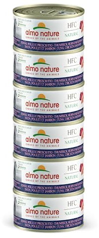 Almo Nature HFC Natural Megapack, Nassnahrung für Katzen - Thunfisch, Huhn und Schinken (6 Dosen x 70g)