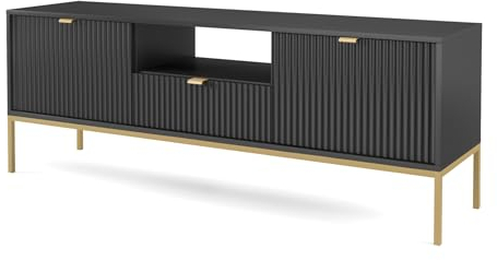 Selsey Vellore TV-Element Fernsehschrank - Schwarz mit geriffelten Fronten und goldenen Metallbeinen, 154 cm