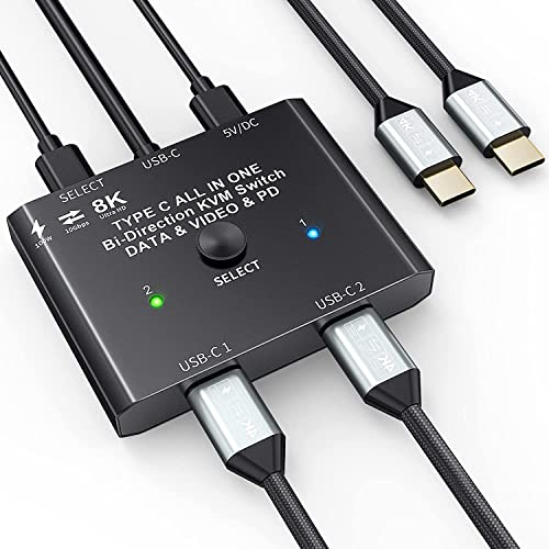 USB Typ-C Switch 2 in 1 Out / 1 in 2 Out, Bidirektionaler USB-C Umschalter für 2 Laptops mit USB-C-Anschluss, unterstützt 4K@120Hz, 8K@60Hz Video/10 Gbit/s Datenübertragung