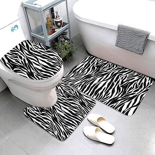 HaLvah Badezimmerteppich, Badteppiche für Badezimmer, Zebramuster, rutschfeste Badematten, Badezimmerteppich-Set, 3-teilig, saugfähig, Badteppich, WC-Vorleger für Badezimmer, Plüsch, Duschvorleger für
