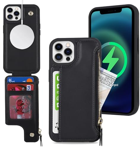 SailorTech iPhone 12/12 Pro Etui mit Kartenhalter, iPhone 12/12 Pro Hülle mit Reißverschluss Kartenfach Geldbörse für iPhone 12/12 Pro Handyhülle Lederhülle - Schwarz