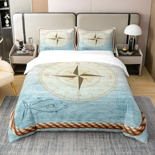richhome 100% Baumwolle Nautische Kompass Bettbezug 200x200, Ozeanfisch Anker StarfishSoft Bettwäsche Set, Holz Textur Gradient Blue Comforter Cover Bettwäsche (kein Tröster)