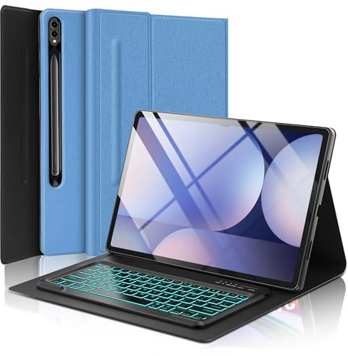 Keyboard Case for Samsung Galaxy Tab S10 Ultra/S9 Ultra/S8 Ultra 14.6 inch, 7-Colors Backlight Detachable Wireless Keyboard, Slim Protective Folio Case with S Pen Holder, Auto Sleep/Wake, Blue