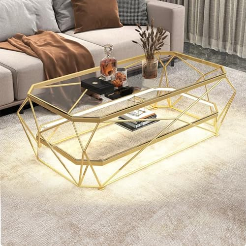 GQMYCDM Table Basse LED, Table Basse en Verre, Table Basse Moderne, Tables Basses de Salon avec Cadre en Acier Doré, Table Centrale en Verre pour Salon (Color : Clear+Double Layer, Size : 39in/100cm
