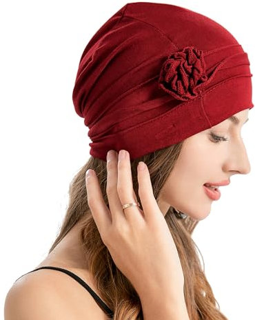 ZLYC Damen Summer Beanie Mütze Elastischer Chemo Hut mit Blumen(Plisseeblume Burgund),Einheitsgröße