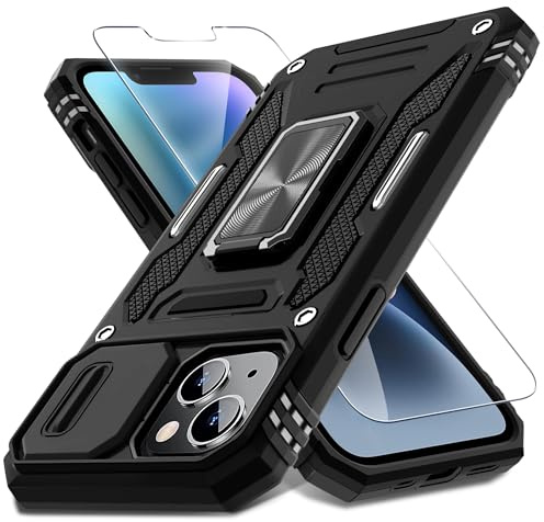 DEERLAMN for iPhone 14 Plus Case with Slide Camera Cover+Screen Protector(1 Pack), Rotated Ring Kickstand Military Grade Shockproof Protective Cover 6.7 Inch-Black