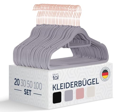 Blumtal Kleiderbügel 20 Stück ohne Clips - Kleiderbügel Samt 360° drehbar und belastbar - Ultra platzsparend und rutschfest - Hangers - Samtbügel Rosegold/Grau