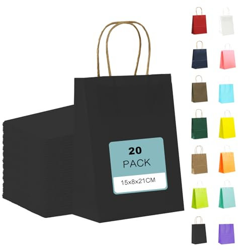 MORAINJAY 20 Stück Geschenktüten mit Henkel,Kraftpapiertüten,15x8x21cm Schwarz Papiertüten für Geschenkverpackung,Gastgeschenke Tüten für Einkaufen,Hochzeiten,Verpackungen,Kindergeburtstag