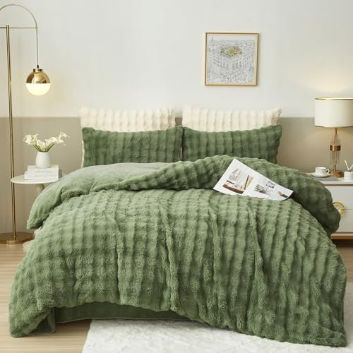 Luofanfei Winter Plüsch Bettwäsche 135 x 200 Grün Sailbeigrün Flauschig Kuschelig Fleece Warme Winterbettwäsche Bettwäsche Set Nicki Microfaser Warm Bettbezug und Kissenbezug 80x80 mit Reißverschluss