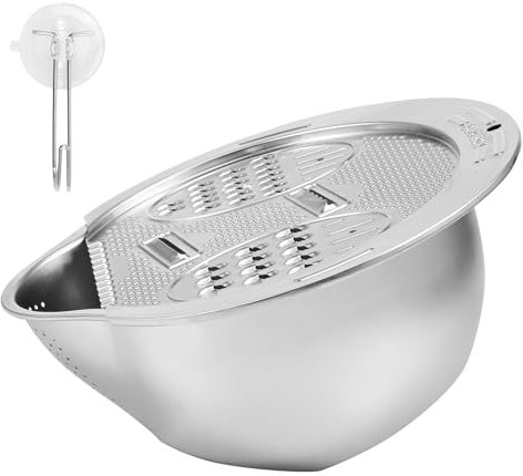Rice Strainer with Mandoline Vegetable Slicer 2 in 1 Stainless Steel Washing Basket with Side Drainers Reusable Grain Washer Strainer Bowl Cleaning Vegetables Fruits Colanders