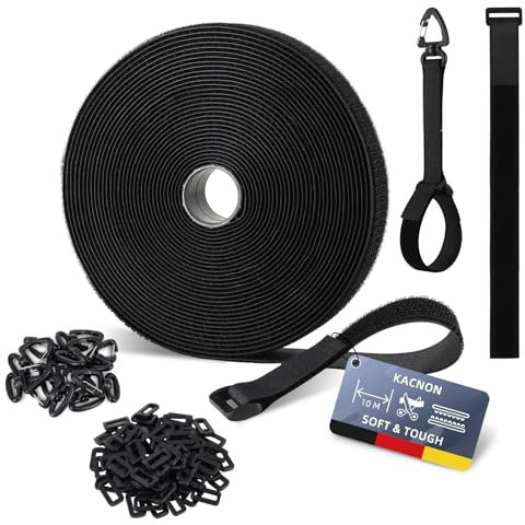 KACNON 10m x 2cm Klettband, Wiederverwendbar Klett Kabelbinder mit 50 Metallschnalle und 10 Dreiecksschnalle, Frei Zuschneidbar/Wiederverschließba, für Kabelmanagement,Gartenarbeit,Werkstätten,Schwarz