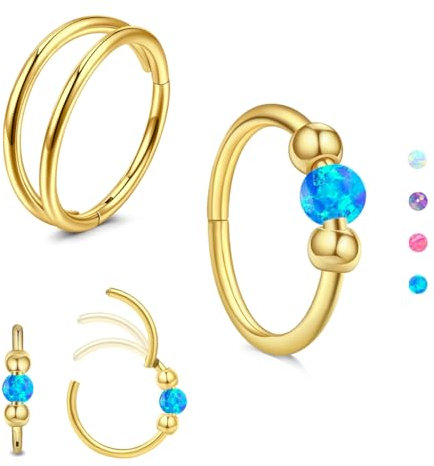 AVYRING 18G Blauer Opal Nasenring für Damen, 316L Chirurgenstahl Gold Clicker Nasenringe mit Scharnier, vielseitiger Septum-Piercingschmuck für Conch, Rook, Knorpel, Tragus und Helix Ohrringe, 10mm