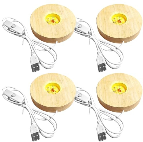 4 Stück Holz LED Lichtsockel, USB Led Leuchtsockel für Acrylglas Warme Farbe Holzsockel Ständer Rund LedLeuchten Display Basis für Kristallg Lensball Glas Acryl Schmuck Harz (Warmes Licht)