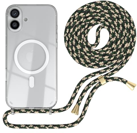 EAZY CASE - Handykette kompatibel mit iPhone 16 Plus Kette zum Umhängen Stoßfest Handyhülle für Apple iPhone 16 Plus Silikon Hülle mit Band Handytasche Transparent als Fallschutz in Grün Camouflage