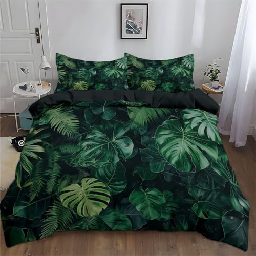 Srigzcaly Bettwäsche 155x220 3-teilig, Tropische Blätter Wendebettwäsche | Bügelfreier Monstera Grün & Farn Bettbezug mit 2 Kissenbezügen 80x80 cm & Reißverschluss, Atmungsaktives Botanik Bedding Set