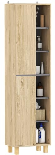 HOMCOM Meuble Colonne Salle de Bain, Armoire de Salle de Bain avec 6 Compartiments Ouverts et 2 placards, dim. 40l x 24P x 148H cm, Bois Naturel