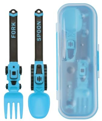 Construction Kinder Besteckset, HAIYUU Kinderbesteck Babybesteck Kindergabel und Babylöffel, Bagger Besteck für Kinder, Tragbares Kleinkindbesteckset ab 1-, 2-, 3-, 4-, 5-Jährige Kleinkinder