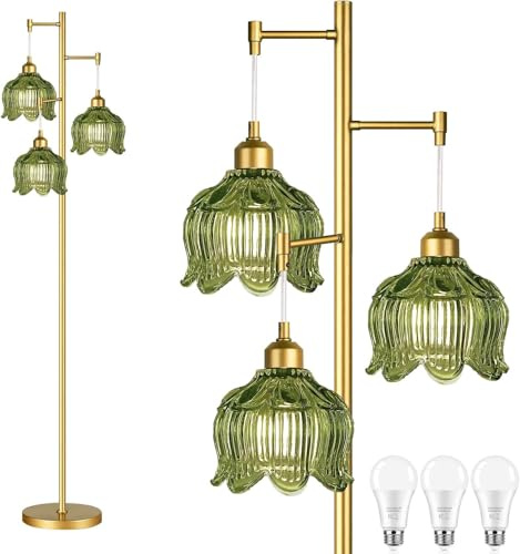 QIYIZM Lampadaire doré pour salon, chambre à coucher, lampe sur pied moderne du milieu du siècle, arbre en laiton, 3 lumières, grand lampadaire, vintage, rétro, lampadaire en verre, fleur verte