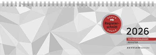 Zettler Tischquerkalender 1W/2S Register 2026 – Wochenkalender 32 × 11 cm, 1 Woche auf 2 Seiten mit Monatsregisterschnitt & Halbstundeneinteilung 6–21 Uhr, FSC-zertifiziert