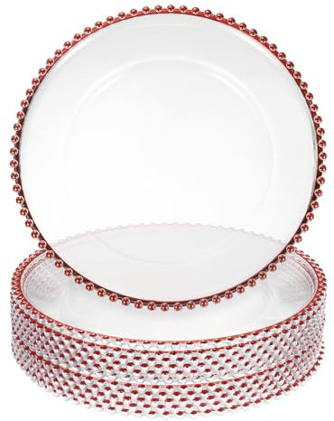 sourcing map 12pcs Clear Charger Plates Bulk, 13 Plastic Round Charger Plates with Bead Trim Dinner Dessert Plate for Wedding Party Event Table Setting Decoration, Red