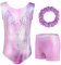 AOOWU Mädchen Dreiteilige Gymnastikanzüge, Gymnastikanzug Mädchen, Ärmelloser Gymnastikanzug mit Shorts und Haarband, Ballett Tanzender Leotard Gymnastik Outfit für Gymnastik, Wettkampf（130 code）