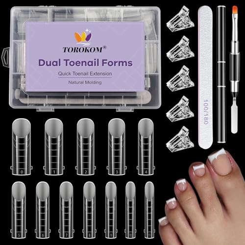TOROKOM Kit de formes à ongles en Poly Gel pour orteils, 120P 12 tailles, Moules d'art ongulaire transparents couvrants réutilisables avec échelle et pinceau