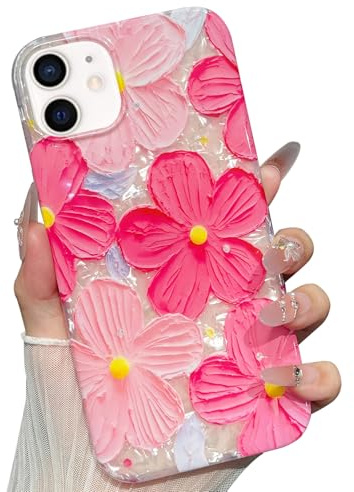 Jmltech for iPhone 11 Case Flowers Girly Women Trendy Aesthetic Cute Floral Silicone with Beaded Charms Strap Lanyard Oil Painting Shockproof Protective Phone Cases