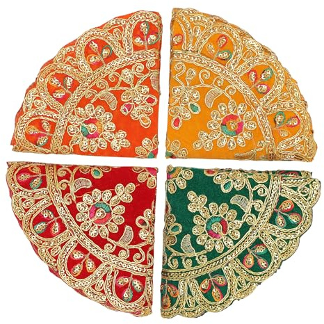 Set mit 4 runden Matten Aasan Samt-Puja-Tuch mit Sequenzarbeit für traditionelles indisches Mehrzweck-Pooja-Festival, Ganesha-Dekorationen, Artikel und Artikel für Heimdekoration, Einweihungsfeier