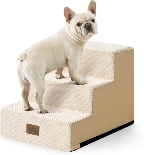 COZY KISS Hundetreppe für Kleine Hunde, 3 Stufen Breiter Haustiertreppe | Katzentreppe mit abnehmbarem bezug, 60cm hoch, 30D hochdichtem schaumstoff,für bett couch auto,rutschfester boden,Beige