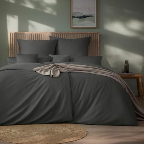 ESTELLA Mako-Satin Bettwäsche Set, 135x200 cm + 80x80 cm, Grau | 100% Baumwolle, Deutsche Marke, Garantie Reißverschluss, Moderene Farben
