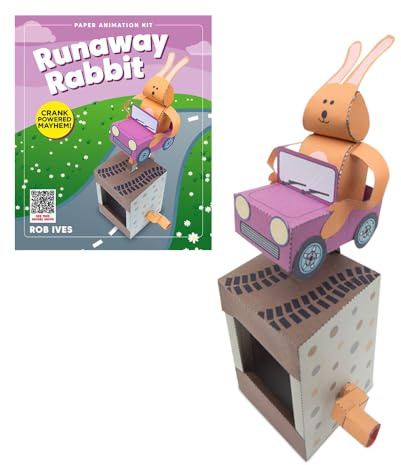 Go On Make Me Runaway Rabbit Paper Animation Kit – Rob Ives DIY Papercraft Rabbit Driving a Pink Car – STEM Craft Toy – Mechanical Paper Model for Kids & Adults – Screen-Free Creative Gift