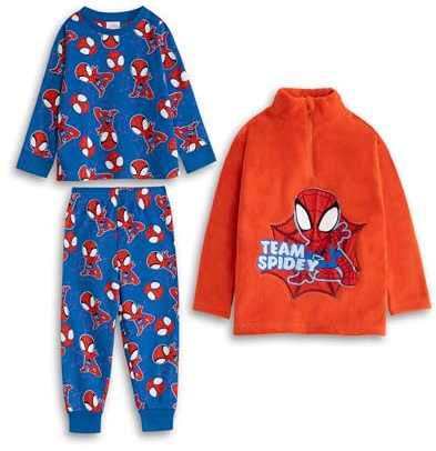 Marvel Spiderman Spidey Jungen-Schlafanzug, 3-teilig, rot und blau, langärmlig, Lange Beine und passender Pullover | Cartoon-Nachtwäsche mit Team Spidey-Schriftzug | Kuschelige Fleece-Nachtwäsche