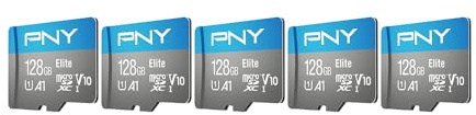 PNY Elite Lot de 5 Cartes mémoire Flash 128 Go Classe 10 U1 V10, A1 microSDXC pour appareils Mobiles, 100 Mo/s, Full HD, UHS-I, Micro SD