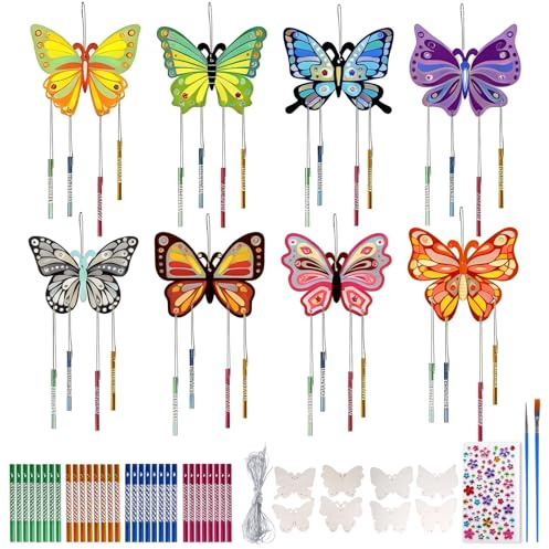 Juego de manualidades para niños, 8 piezas, mariposa de madera, juegos de manualidades con carillón de viento, carillones de viento de madera, juego de manualidades para cumpleaños infantiles para